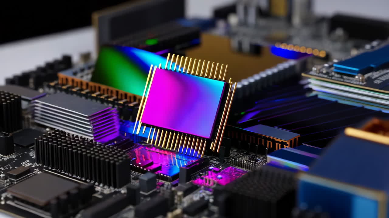 Close-up of a Colorful Chip on a Circuit Board