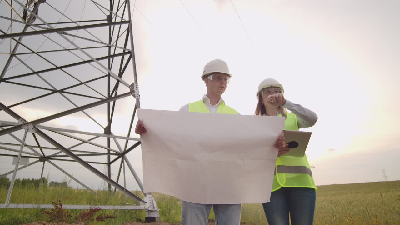 dos ingenieros un hombre y una mujer en cascos con una tableta de ingeniero caminan en el campo con torres de electricidad y discuten la construcción adicional de torres