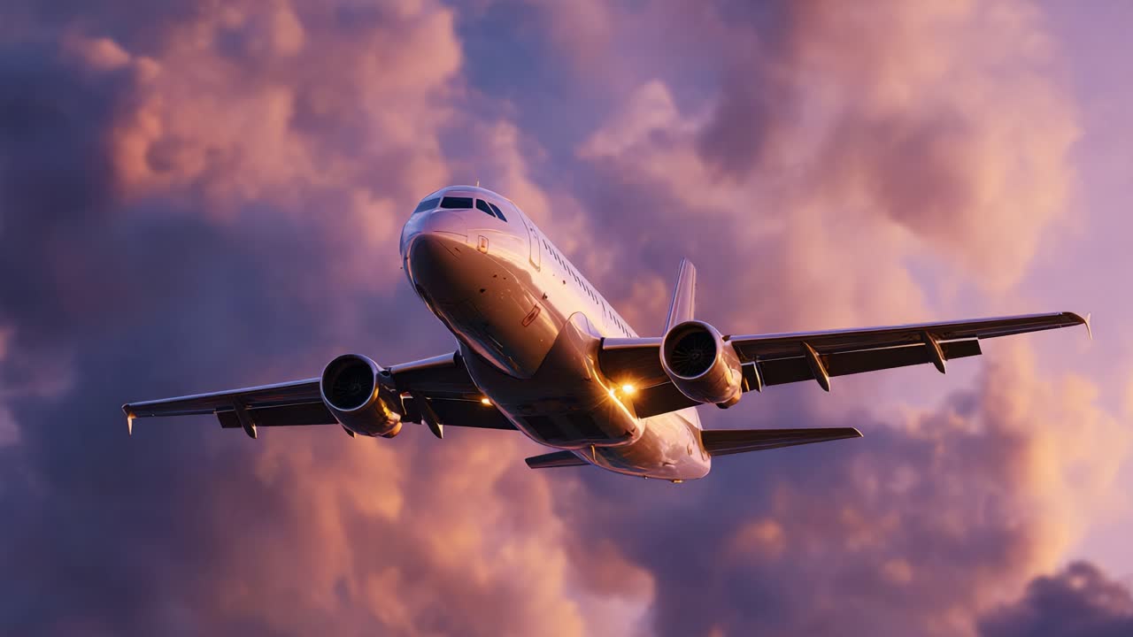 Un aereo maestoso che solca un cielo colorato, catturando la bellezza del volo mentre ascende tra nuvole suggestive durante le ore del tramonto