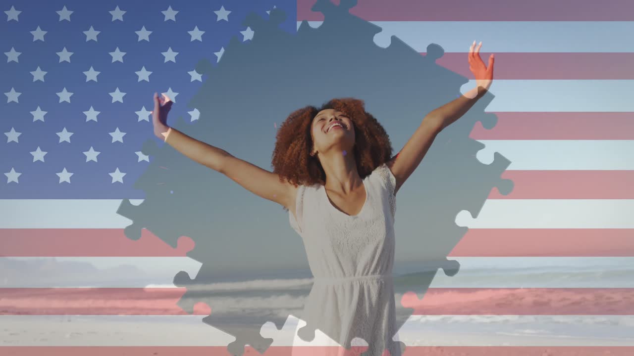 Animation of american flag jigsaw puzzle revealing confetti and woman dancing on beach