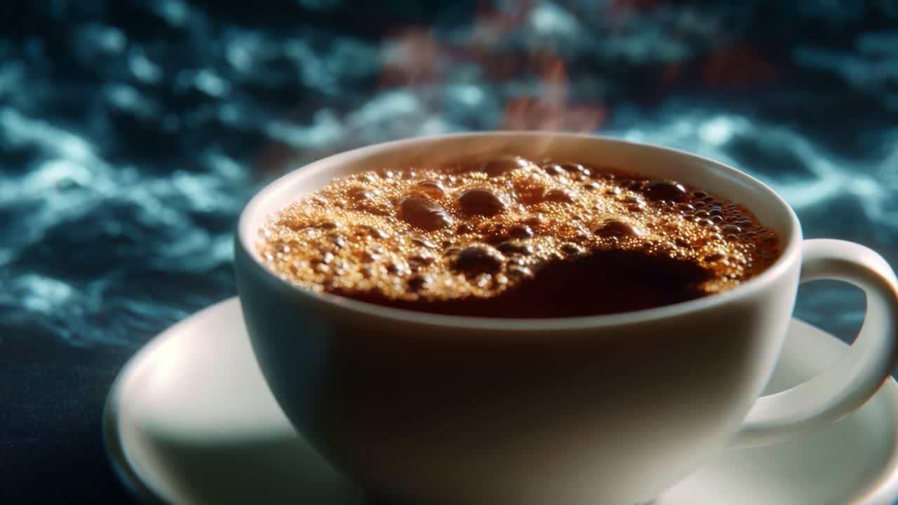 A Delicate Dance of Bubbles and Steam Above a Freshly Brewed Cup of Coffee: Capturing the Rich Essence and Aromatic Delight of a Perfect Morning Beverage in a Visually Striking Frame