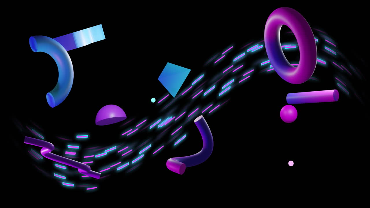 검은색 배경에서 움직이는 빛의 흔적과 추상적인 모양의 애니메이션