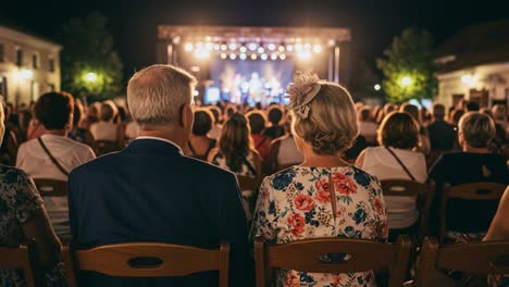 a couple enjoying a musical performance under the stars: a beautiful night at an outdoor concert with a vibrant audience and illuminated stage
