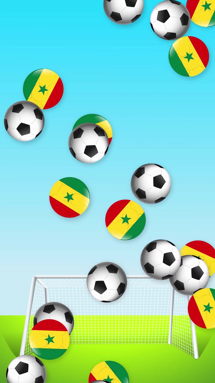 Animazione verticale di palloni da calcio e sfere con bandiera del Senegal che cadono su un campo verde