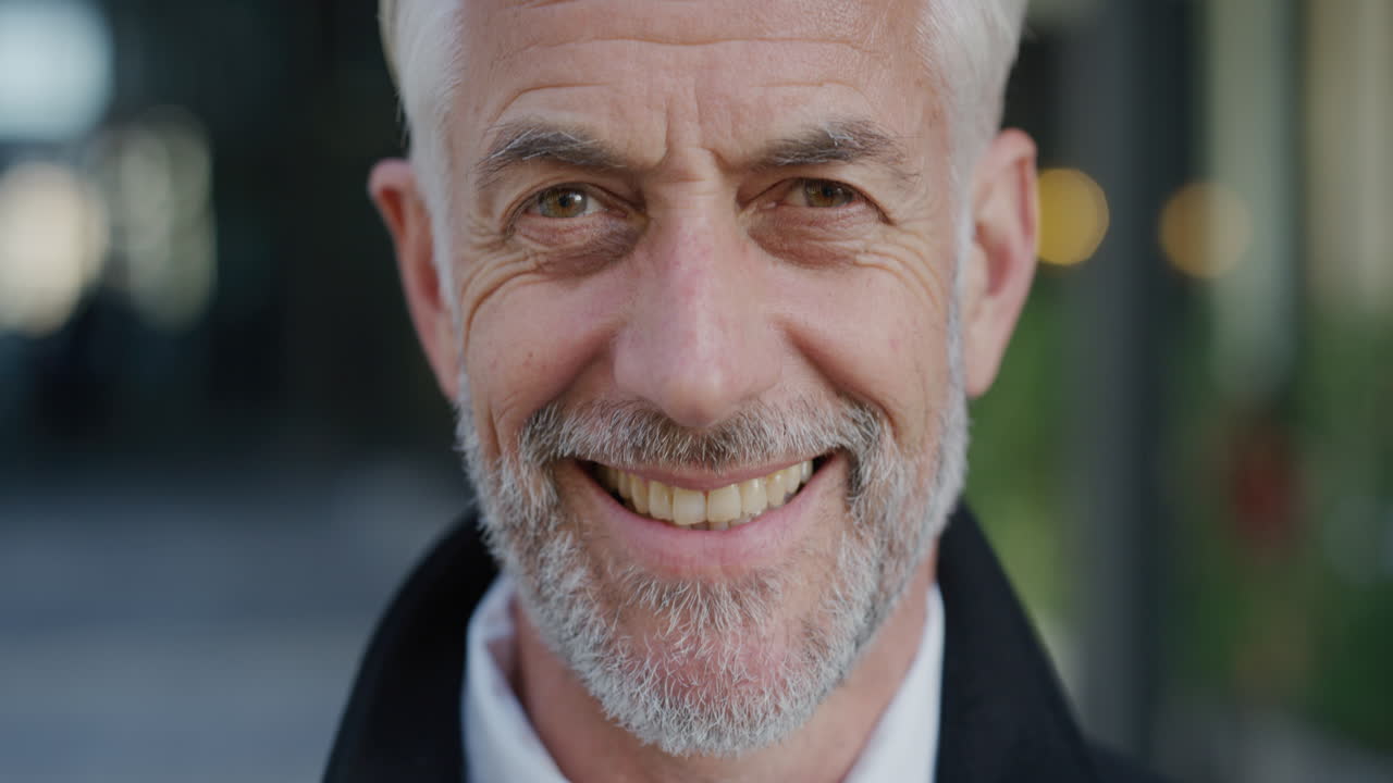 retrato en primer plano de un hombre de negocios maduro exitoso sonriendo disfrutando de un estilo de vida urbano exitoso profesional senior feliz en cámara lenta