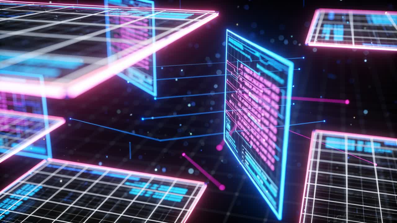 Panning camera causing vertical data panel rotating face-on in neon void, with pulsing nodes