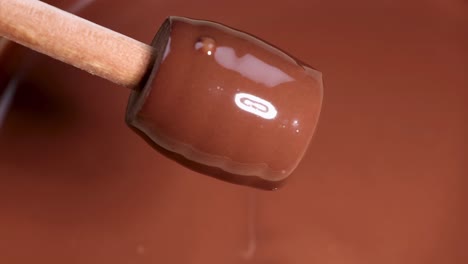 close-up of a wooden spoon gently dipping into and lifting smooth, glossy chocolate.