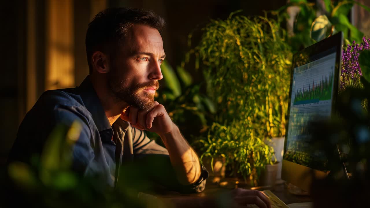 hombre trabajando en la computadora en la oficina del hogar