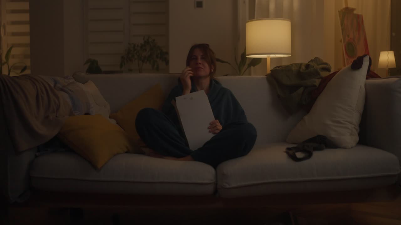 밤에 소파에 앉아 있는 여자