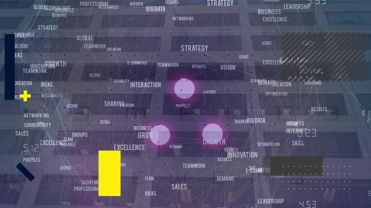 Animation of shapes, numbers and office building