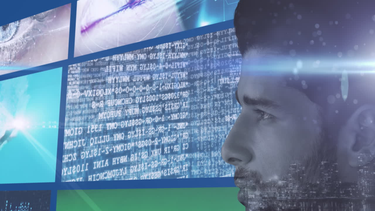 animación de procesamiento de datos y pantallas digitales sobre el hombre caucásico