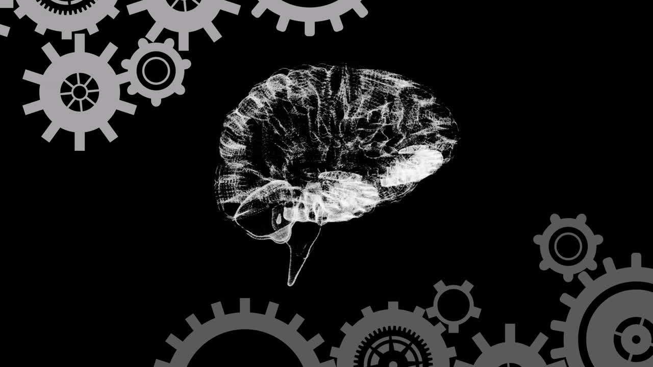 Animation of brain rotating over black background with cogs
