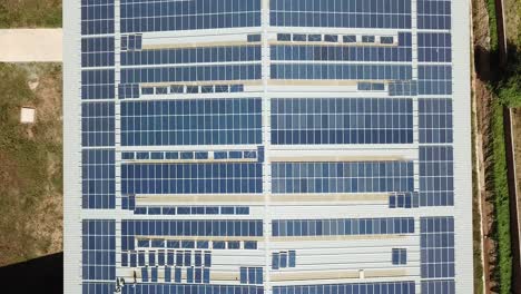 Techo-De-Un-Edificio-En-Una-Fábrica-De-Cemento-Casi-Lleno-De-Paneles-Solares---Toma-Aérea