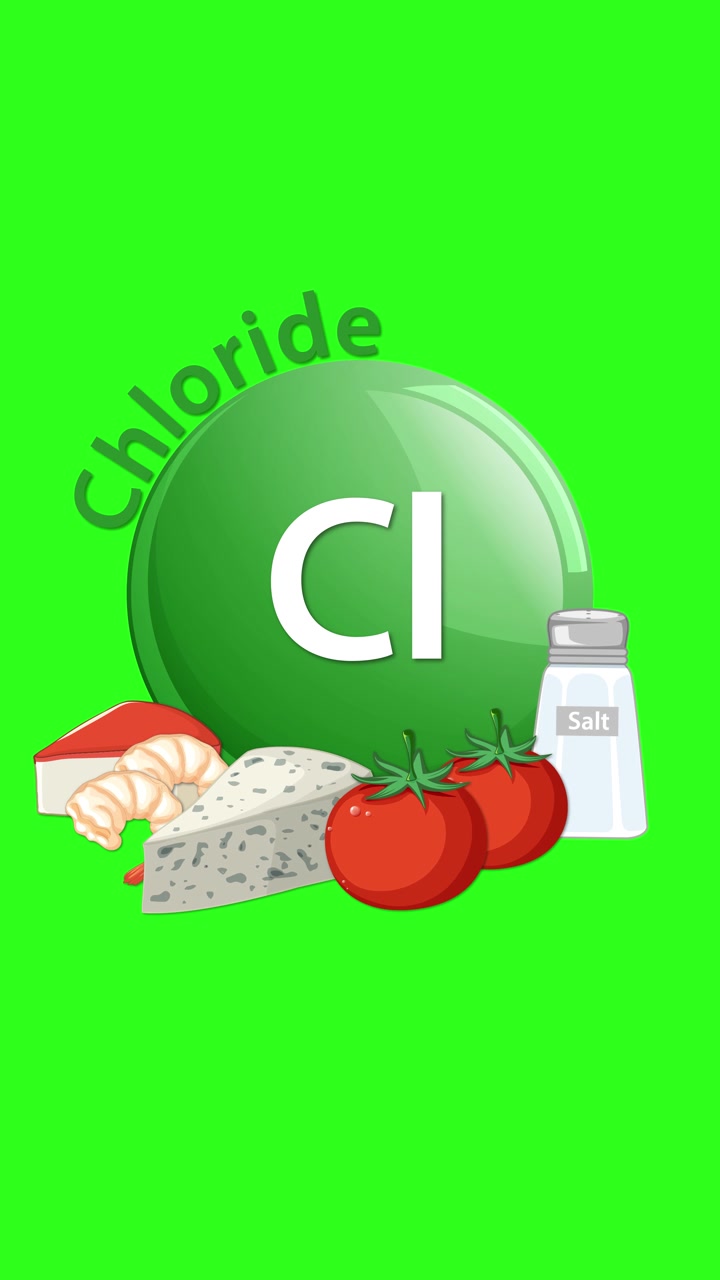 A green chloride element icon animates in, followed by illustrated foods like tomatoes, cheese, fish, and a salt shaker, on a vibrant green background