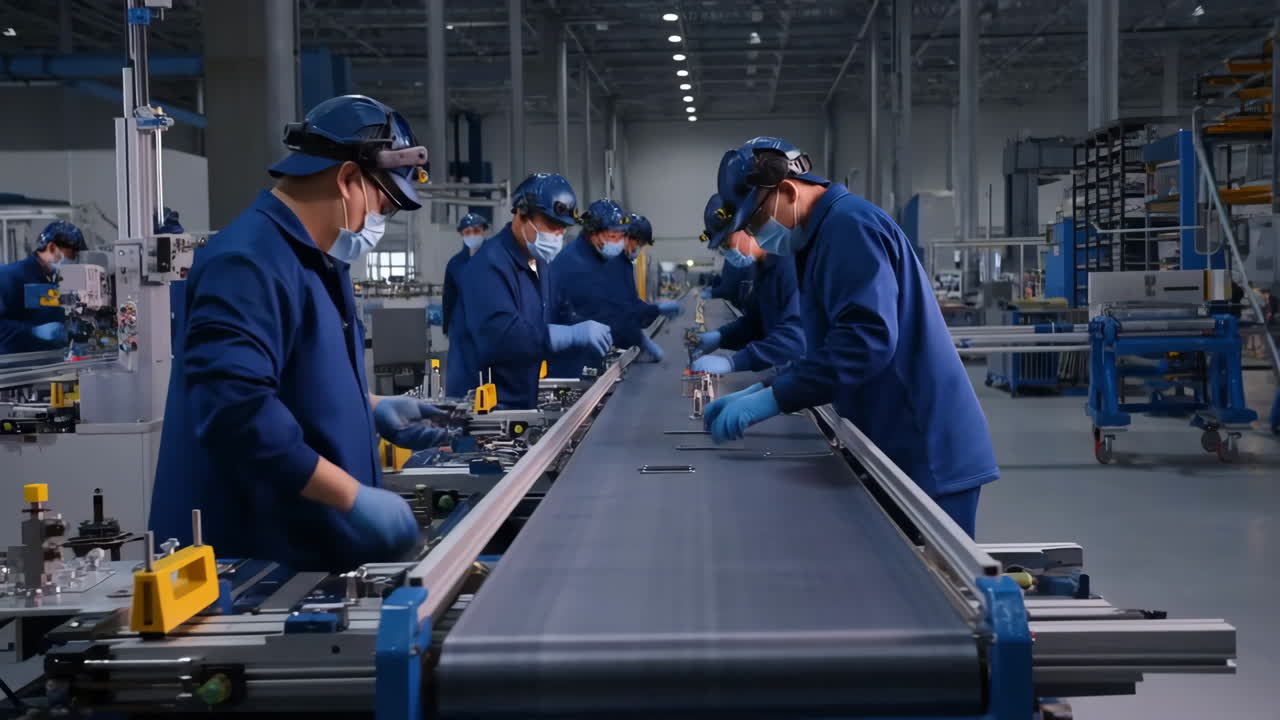 Workers on an Assembly Line in a Modern Factory