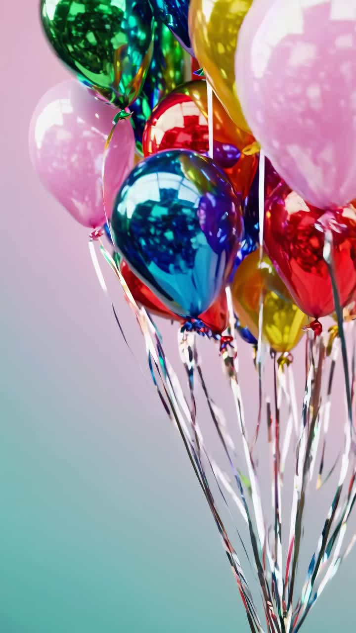 Un gruppo di palloncini vivaci ripreso dal basso contro uno sfondo pastello, creando un'atmosfera festosa