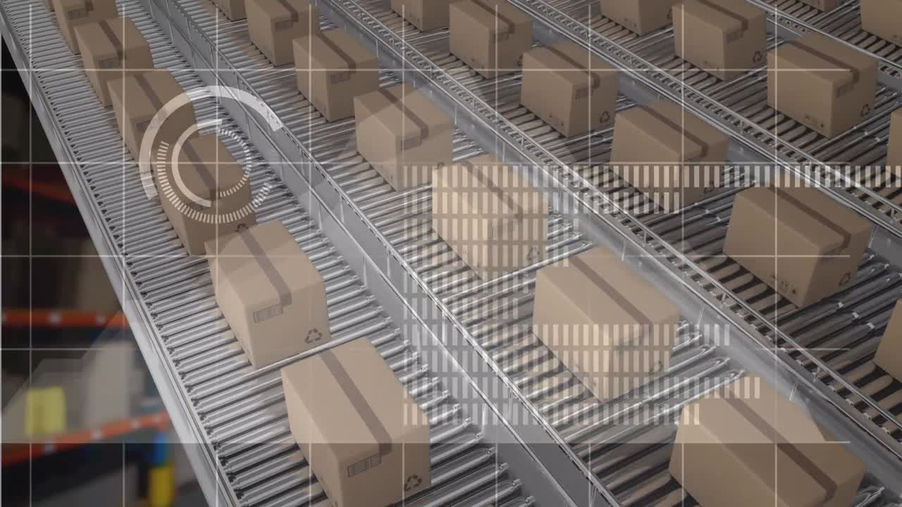 interfaz digital con procesamiento de datos contra cajas de entrega en cinta transportadora contra almacén