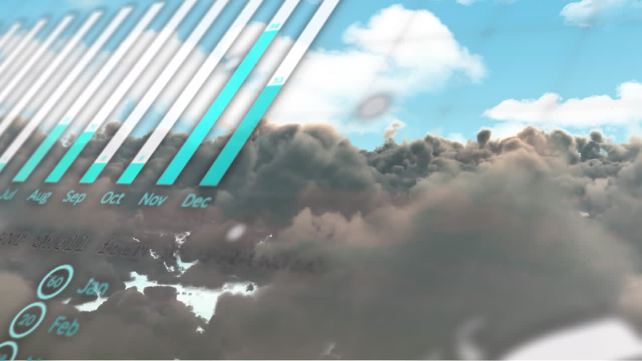 지구와 프로그래밍 데이터가 클라우드 스케이프에 대해 움직이는 여러 그래프의 디지털 애니메이션