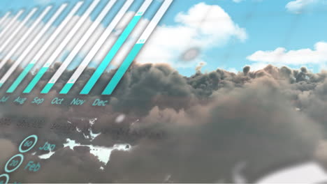 animación digital de múltiples gráficos con globo y datos de programación que se mueven contra el paisaje de nubes