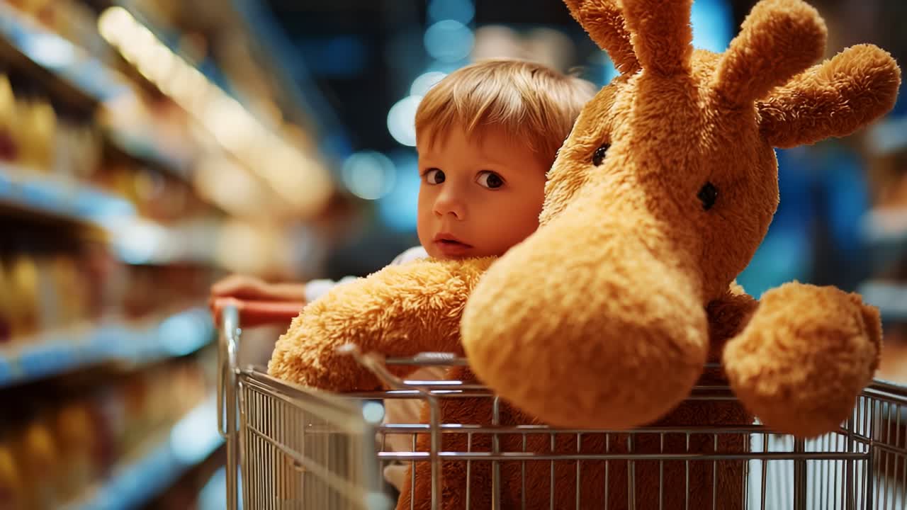 A Delightful Moment: A Young Child Enjoys a Shopping Adventure with Their Soft Toy Giraffe, Capturing Joy and Innocence in a Grocery Store Aisle