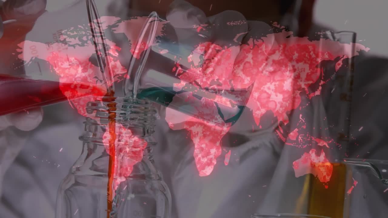 얼굴 마스크를 입은 과학자 위에 세계 지도의 애니메이션