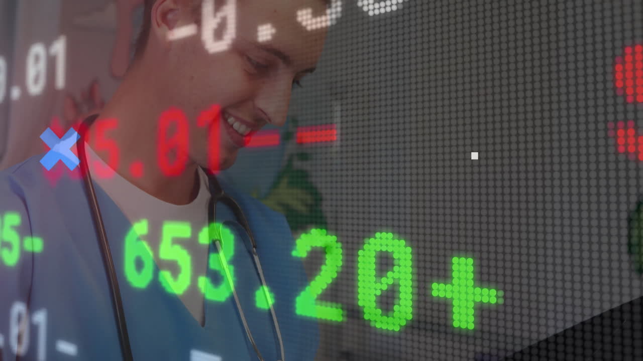 Doctor checking market trends in medical office, featuring stethoscope and stock ticker