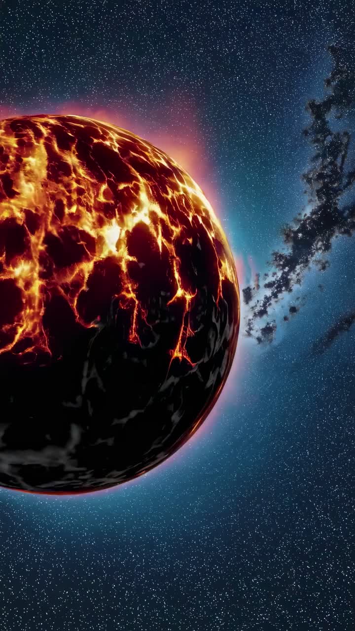 A fiery planet with glowing cracks against a starry sky, captured from a low-angle perspective