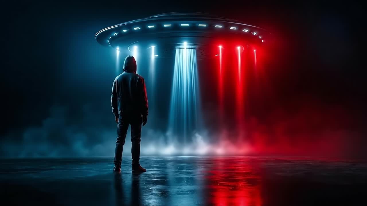 A man standing in front of a ufo flying saucer in the dark