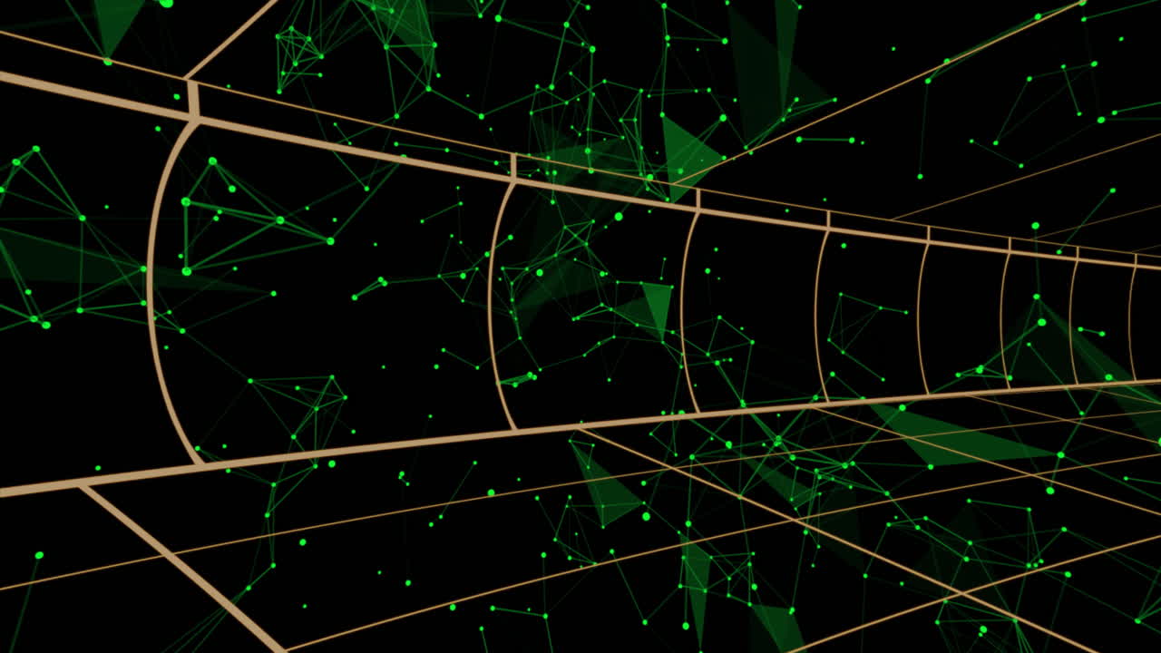 Animation of green geometric shapes and lines forming network on black background