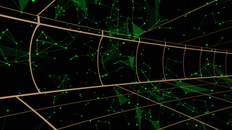 animation of green geometric shapes and lines forming network on black background