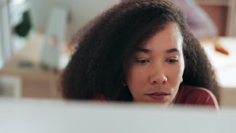 laptop, face and a business black woman reading