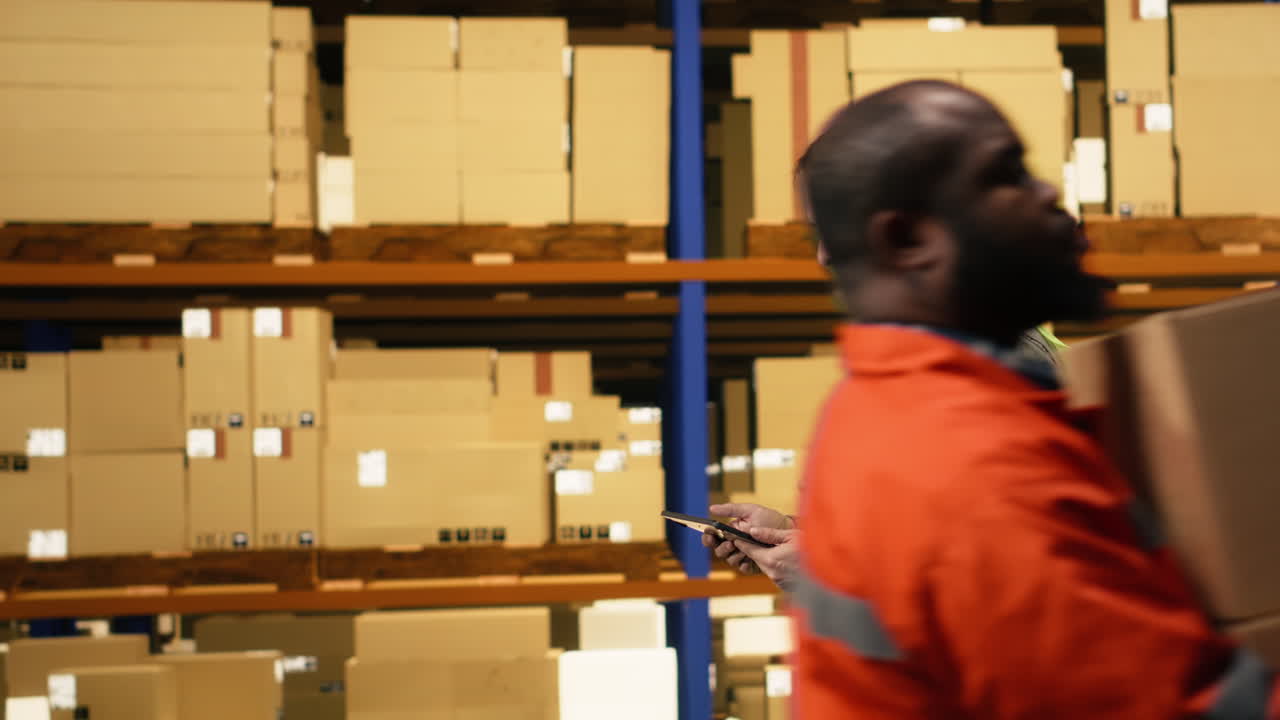 Addetti che organizzano la merce negli scaffali del centro di distribuzione.