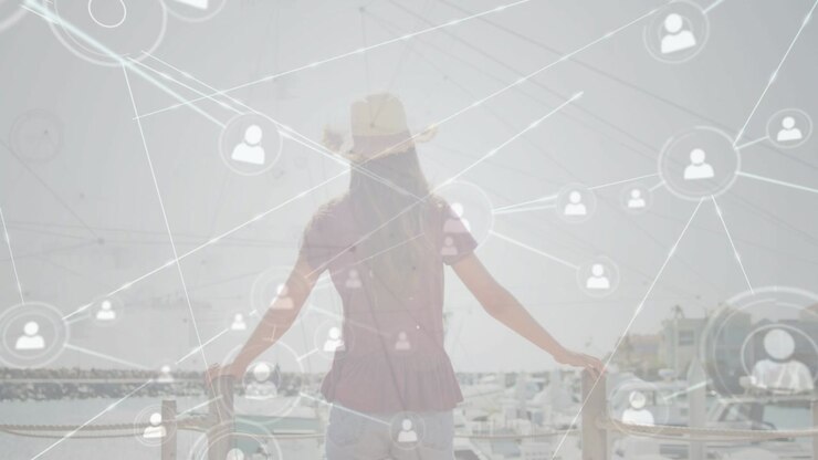 Female teen leaning railing while tech nodes starting at torso expanding over marina mapping links