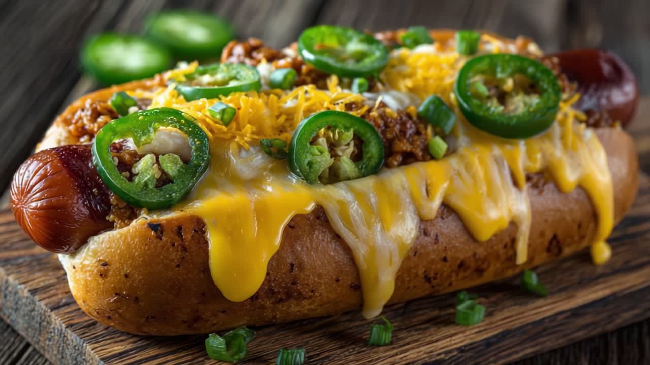 A Deliciously Loaded Hot Dog Topped with Melted Cheese, Spicy Jalapeños, and Savory Meat, Perfectly Set on a Rustic Wooden Platter for a Flavorful Experience