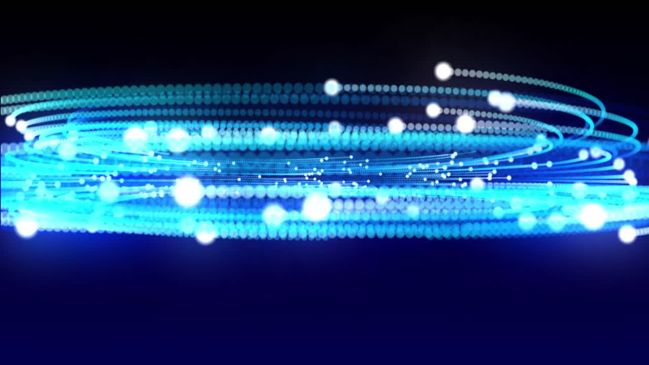 검은색 배경에 회전하는 파란색 트레일과 함께 빛나는  ⁇ 색 점