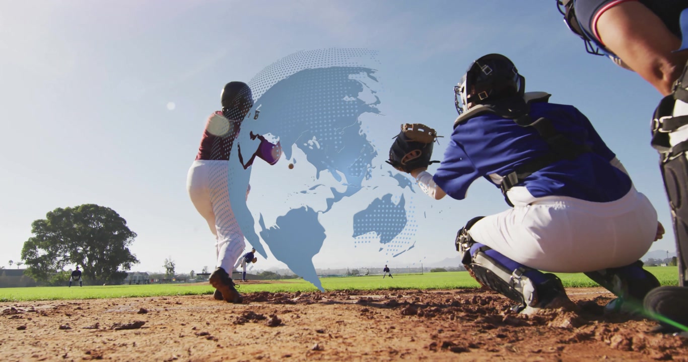 Pitcher releasing baseball pitch, batter swinging and catcher bracing under rotating globe overlay