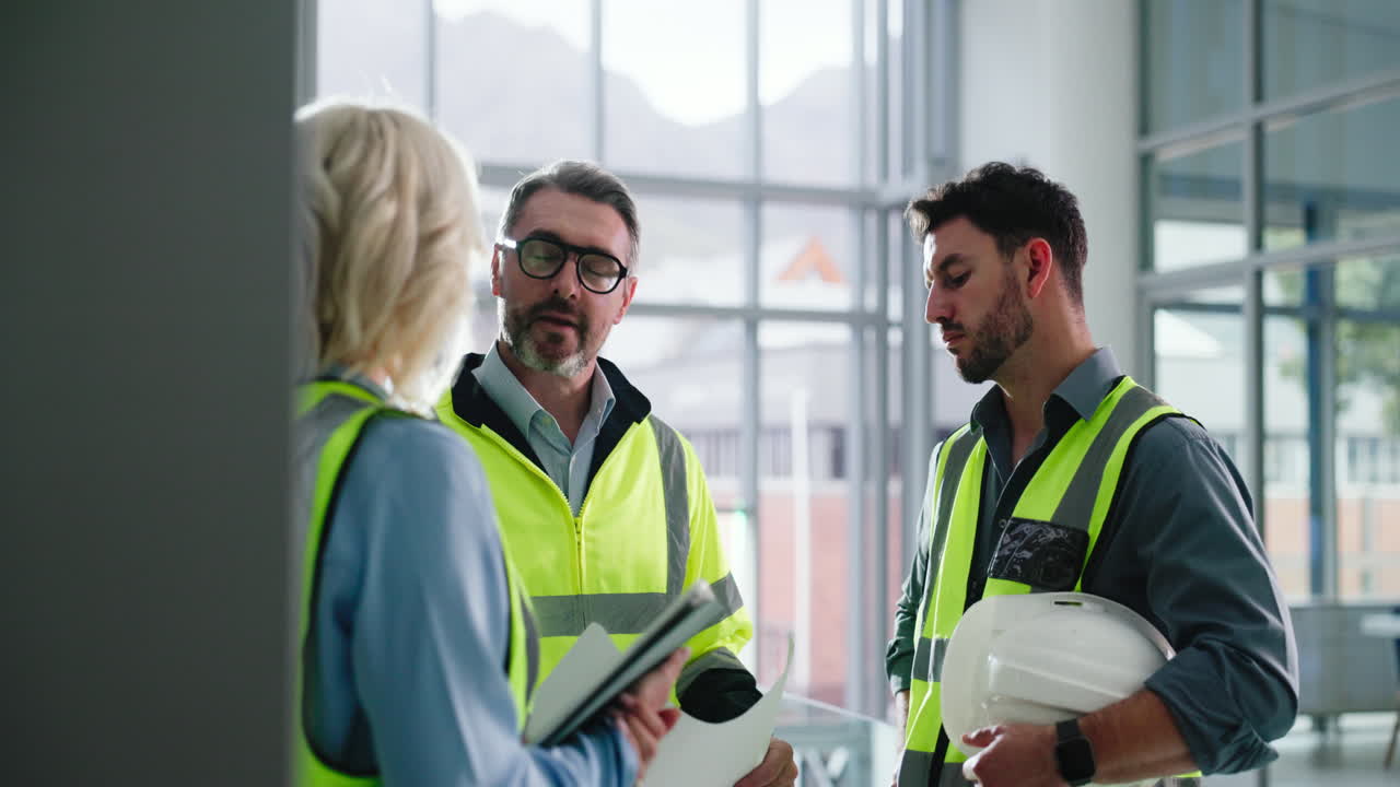 Construction Workers Discussing Plans at Construction Site