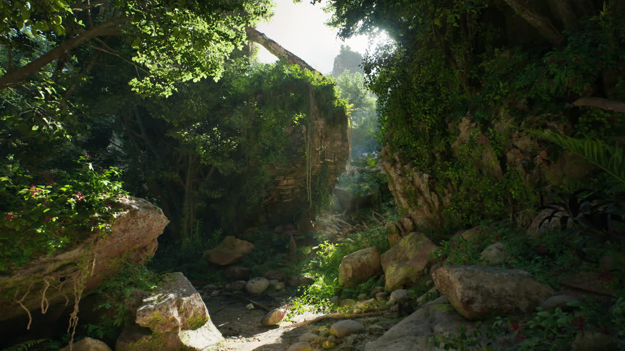 울창 한 정글 에 있는 초록색 의 폐허