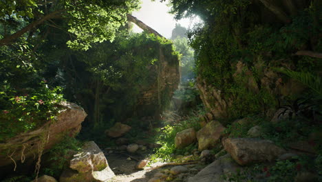 overgrown ruins in a lush jungle