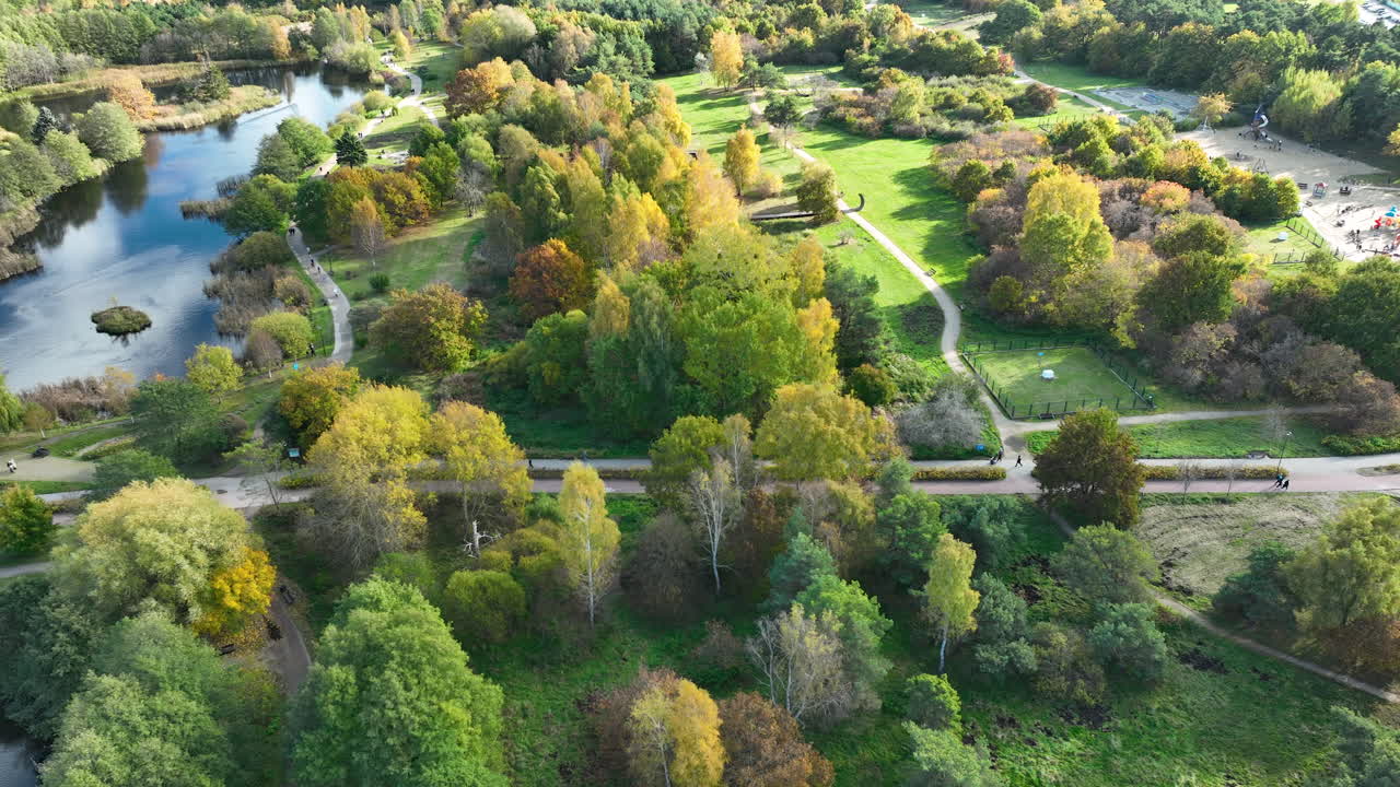 Drone view of a vivid autumn park with lakes, winding paths and dense colorful trees creating a natural mosaic