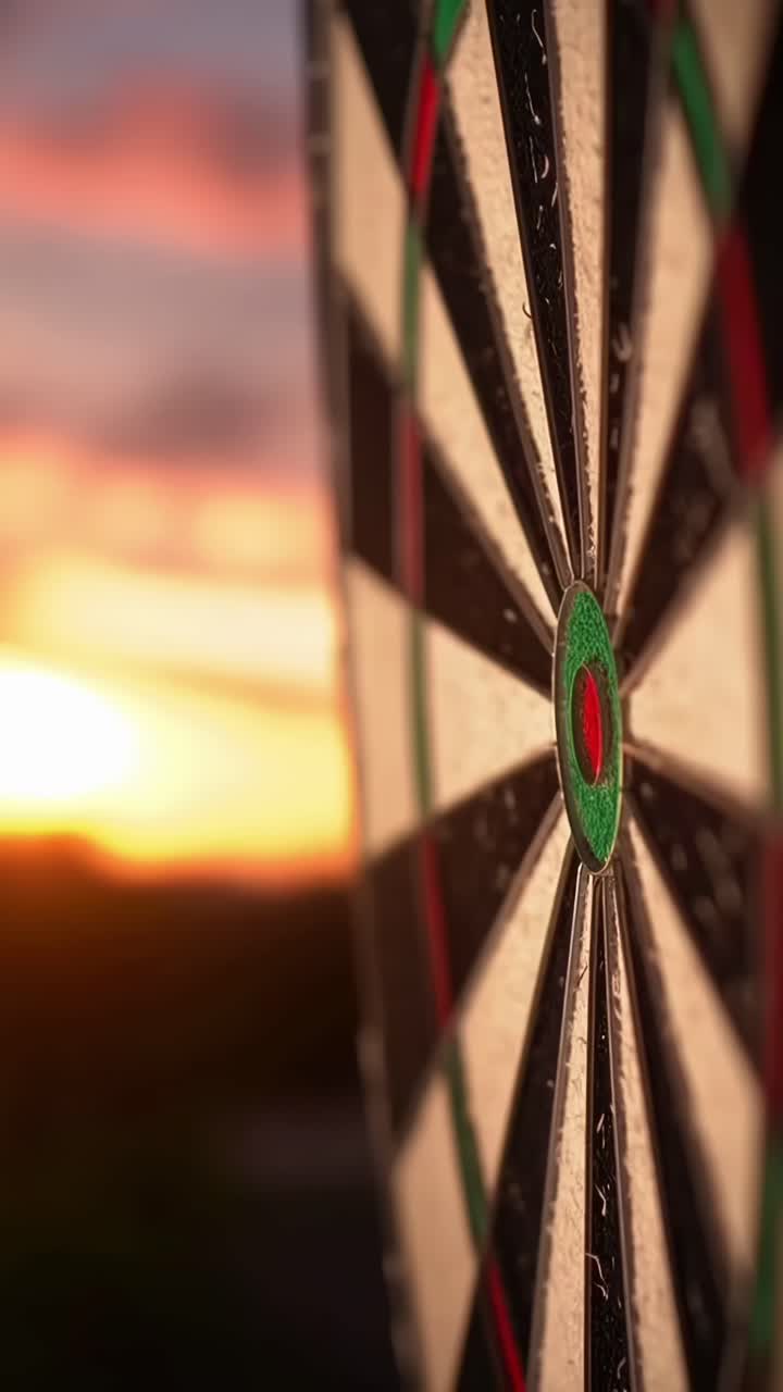 Close-up side angle of a dart hitting bullseye on a dartboard at sunset, perfect for video
