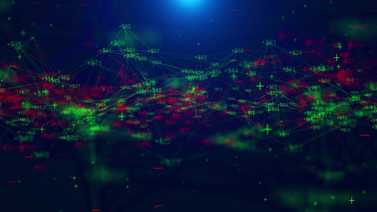 Stock trading data graph visual glowing gains red loss symbols connected network lines and dark