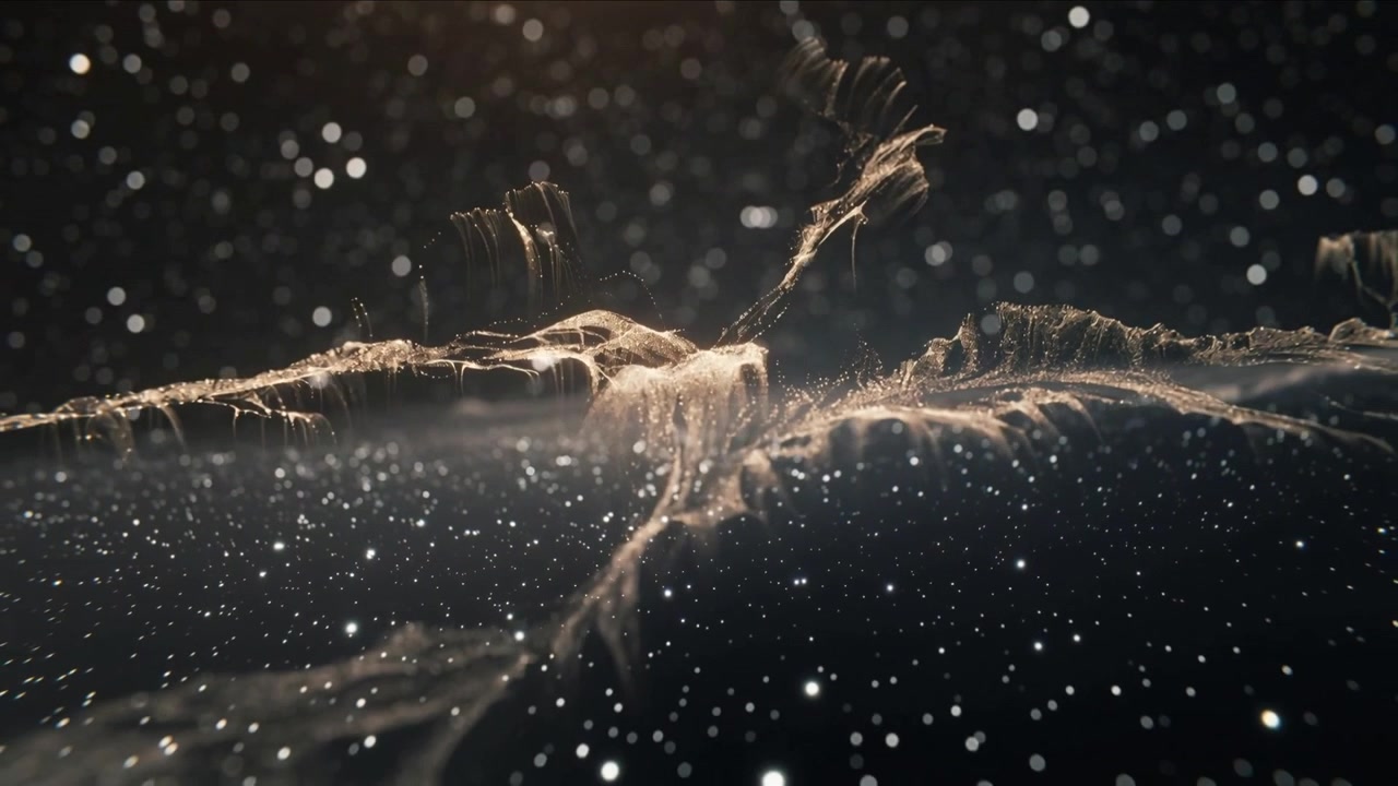 Telecamera che avanza rivelando una cresta di filo d'oro che si arriccia e luccica in mezzo alla polvere, CGI illuminata d'ambra.