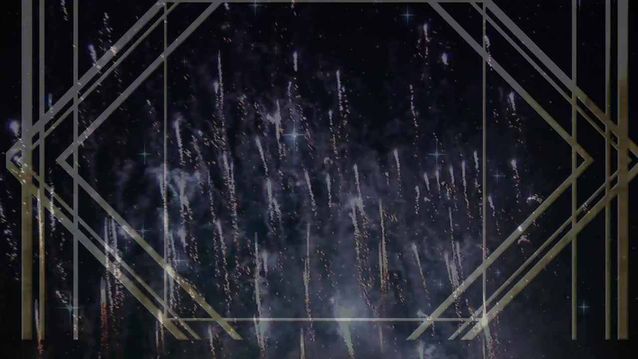 검은색에서 폭발하고 상승하는  불꽃놀이 위에 금색 패턴의 애니메이션