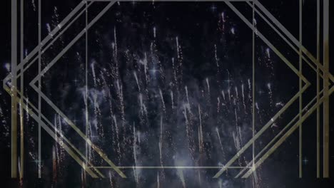 animation of gold pattern over white fireworks exploding and rising, on black