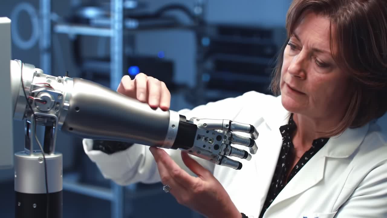 An innovative researcher meticulously examines a sophisticated robotic arm, showcasing advancements in technology and robotics within a laboratory setting.