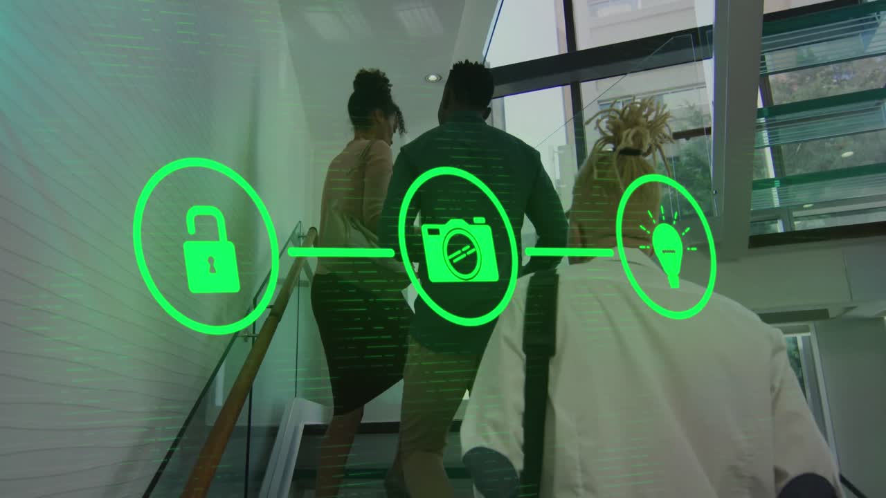 animación de iconos conectados con líneas, diversos compañeros de trabajo compartiendo ideas mientras suben escaleras.