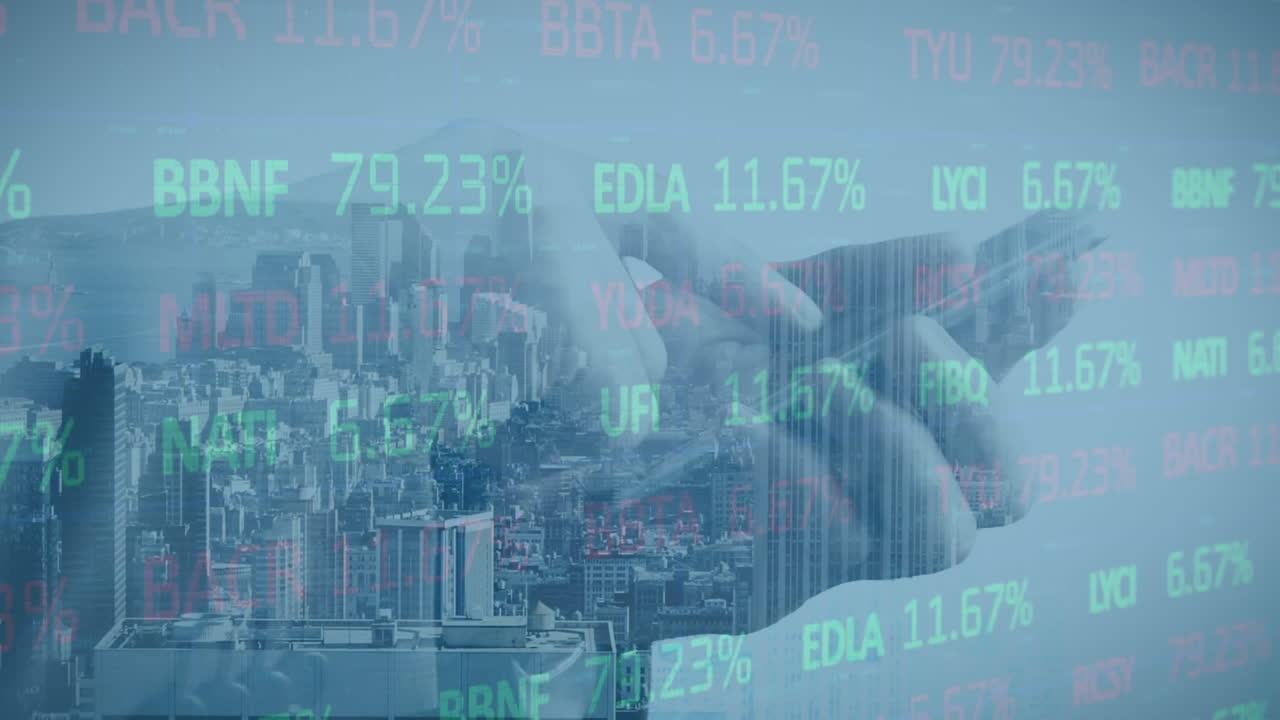 Animation of data processing and cityscape over hands of man using smartphone