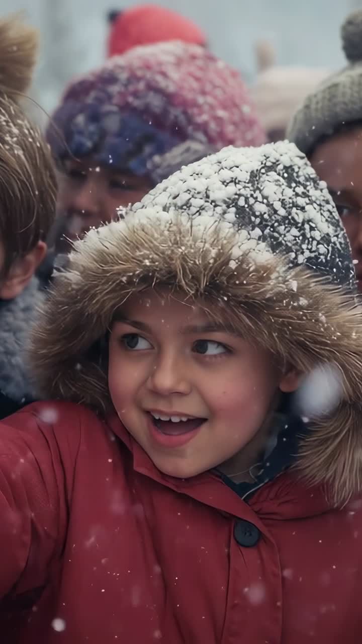 Vertical video: With snow falling cheering child in red coat with fur hood raising arm at gathering