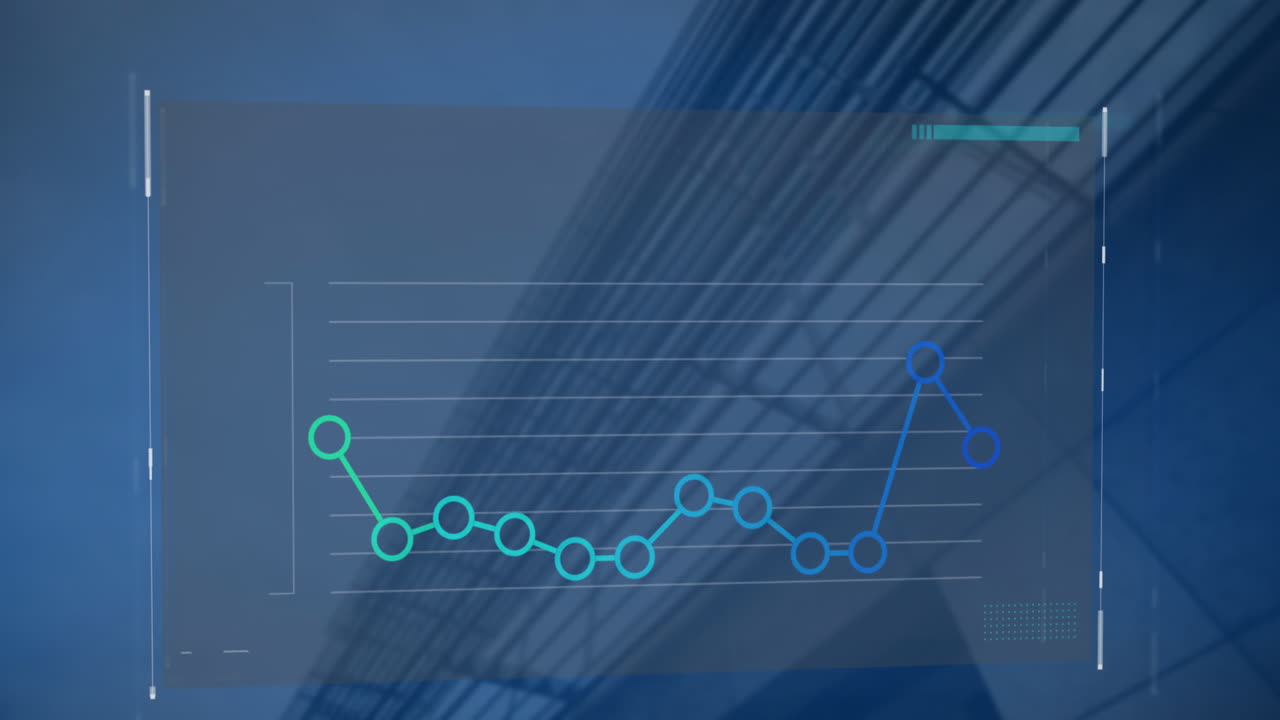 animación de la interfaz con el procesamiento de datos estadísticos frente a una vista de ángulo bajo de un edificio alto